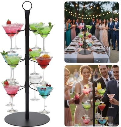 Cheqo® Cocktailboom - Etagere Voor Glazen - Cocktail Standaard - Geschikt Voor 12 Glazen - Metaal Zwart - Cocktailglazen Houder - Decoratieve Etagere - Cocktail Toren - Thuisbar - Feest Decoratie - Cocktail Boom - Martinitoren
