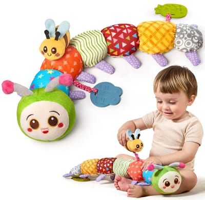 Dailygoods- Baby Speelgoed Multi-Sensorische Stimulatie - Rups Pluche - Knisperpapier - Rammelaar - Bijtring - Zacht en Flexibel Ontwerp