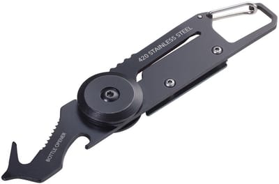 TROIKA KTL26-TI Sleutelkarabijnhaak Zwart, Titanium Mini-gereedschap met 5 functies, zakmes, karabijnhaak, klein zaagblad, platte schroevendraaier, flesopener, 420 roestvrij staal / aluminium, zwart