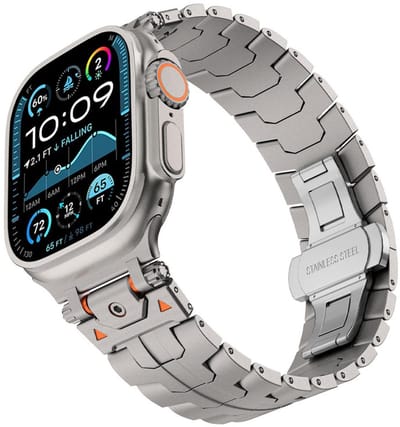 RVS schakel bandje - geschikt voor Apple Watch 1/2/3/4/5/6/7/8/9/10/11/ SE (1,2,3) met maat 38 mm / 40 mm / 41 mm en 42 mm (Watch 10/11) - vlindersluiting - titanium