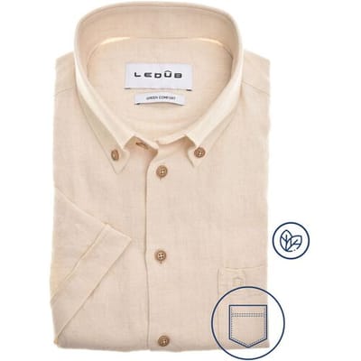 Ledûb Overhemd Uni Color Button-Down Linnen Blend Short Sleeve Zand / male