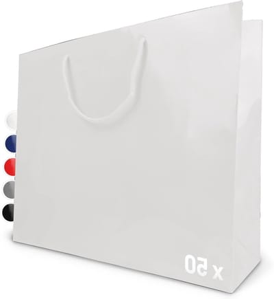 Geschenkzakjes, 50 stuks, glanzende papieren zakjes met handvat, cadeauzakje 48 x 15 x 40 cm, papieren zakjes ideaal voor verjaardag, Kerstmis, housewarming en souvenirs, wit
