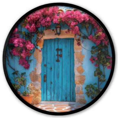 Poster in lijst Rond - Fotolijst 40x40 cm - Posters - Deur - Hout - Bloemen - Blauw - Ronde posterlijst zwart - Decoratie - Wanddecoratie woonkamer - Muurdecoratie slaapkamer