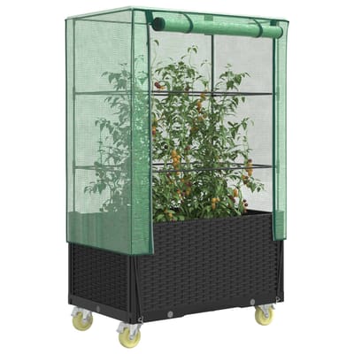 vidaXL - Plantenbak - verhoogd - met - hoes - en - wielen - 80x50x182 - cm - rattanlook