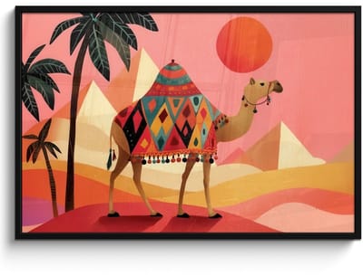 Poster in lijst - Fotolijst 120x80 cm - Posters - Kameel - Pyramides - Rode zon - Posterlijst zwart - Decoratie - Wanddecoratie woonkamer - Muurdecoratie slaapkamer