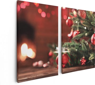 Artaza Canvas Schilderij Tweeluik Kerstboom Met Rode Lichtjes En Kerstballen - 80x60 - Foto Op Canvas - Canvas Print