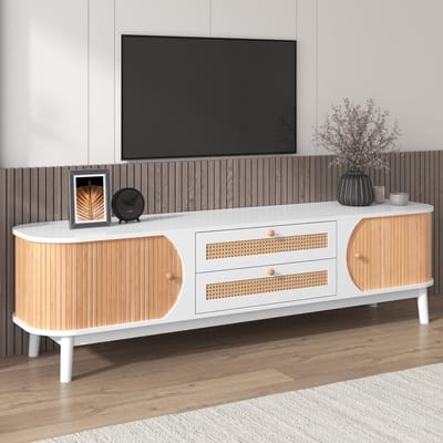 OKWISH TV Meubel - TV-Kast met Rattandetails en Schuifdeuren - Stijlvol Opbergmeubel voor de Woonkamer - 170x39,5x46 cm - Massief Hout - Wit