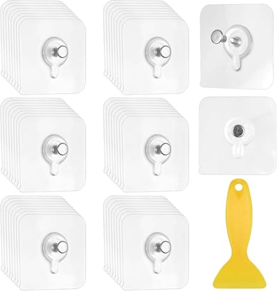 Set van 50 Zelfklevende Fotohaakjes voor Muurdecoratie, Bevestigen van Foto's en Posters zonder Boren, Inclusief Plastic Schraper voor Makkelijk Gebruik
