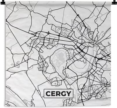 Wandkleed - Wanddoek - Kaart - Cergy - Plattegrond - Frankrijk - Stadskaart - Zwart wit - 180x180 cm - Wandtapijt