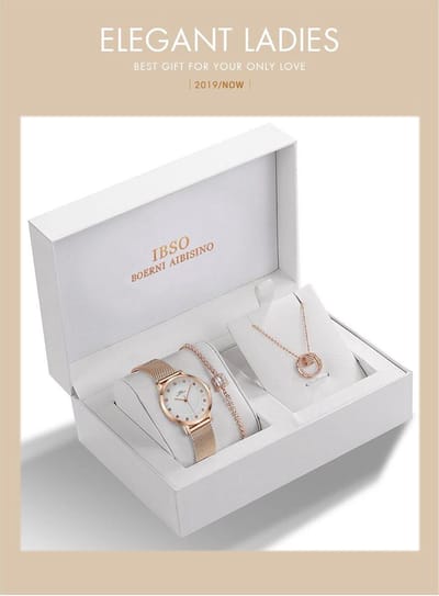 Boerni Aibisino Horloge met diamantjes, Armband en Ketting Rosé luxe geschenk set luxe geschenk set | Crystal glass | Premium kwaliteit uurwerk Quartz Japan | Mineraal | Geschenk | Fashion | Elegant | Dames | Vrouw |  Black Friday