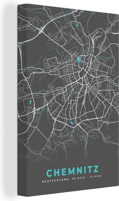 Canvas Schilderij Stadskaart – Chemnitz – Genk – Blauw – Duitsland – Plattegrond - 20x30 cm - Wanddecoratie