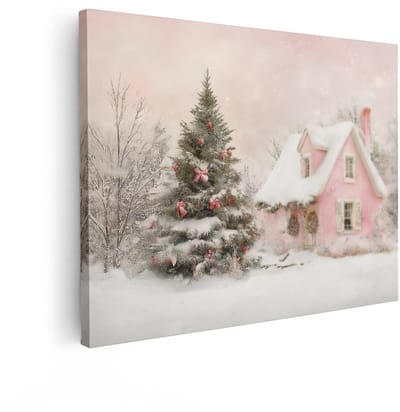 Artaza Canvas Schilderij Roze Huisje - 80x60 cm - Wanddecoratie Kerstboom - Muurdecoratie Winter - Schilderijen Op Canvas Kerst