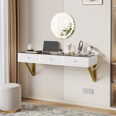OKWISH Kaptafel Hangend - 3 Schuifladen Met Glasblad - Make-up Opbergen Voor Slaapkamer - MDF En Spaanplaat Wit - 120×40×45 Cm