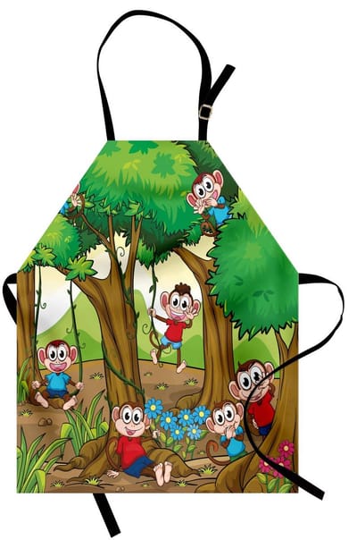 ABAKUHAUS Kleuter kookschort, apen voor kinderen die in een exotisch bos met grote bomen en madeliefjes spelen, veelkleurig, in hoogte verstelbaar, wasbaar, duidelijke digitale print