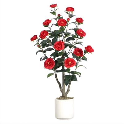 Kunstmatige Camellia Boom - Voor Binnen & Buiten - Realistische Zijden Bloemen met Groene Bladeren - 90 cm - Rood-90cm