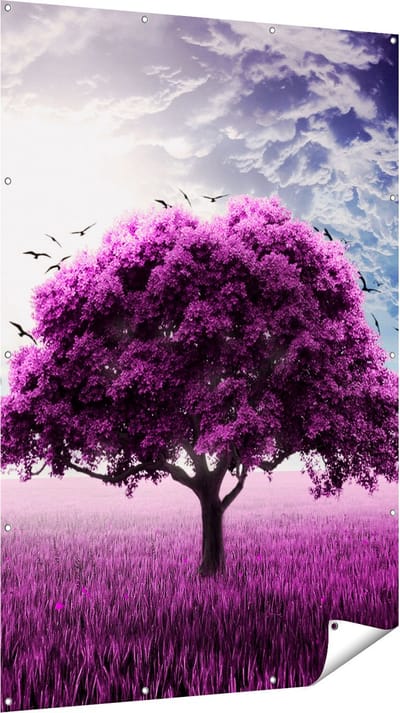 Gards Tuinposter Paarse Boom in het Paars Veld met Vogels - 120x180 cm - Tuindoek - Tuindecoratie - Wanddecoratie buiten - Tuinschilderij