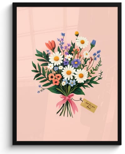 Poster in lijst - Fotolijst 50x70 cm - Posters - Margrieten - Boeket - Strikje - Roze - Posterlijst zwart - Decoratie - Wanddecoratie woonkamer - Muurdecoratie slaapkamer