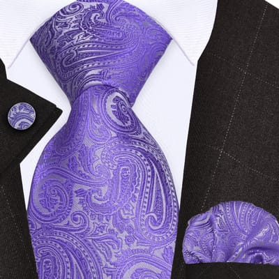 Sorprese Stropdas met Pochet en Manchetknopen - Paisley Paars - 8cm - 100% Zijde - Pochette - Kerst - Cadeau