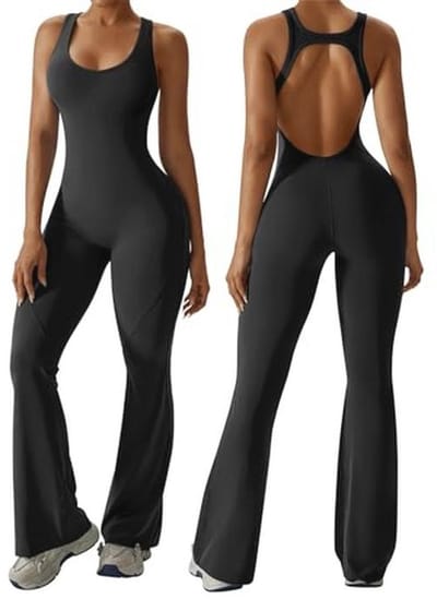 Dames Flared Jumpsuit - Backless Bodycon, Mouwloos, Sexy Yoga Unitard, V-Hals, Fitness, Verwijderbare Padding, Hollow Racerback