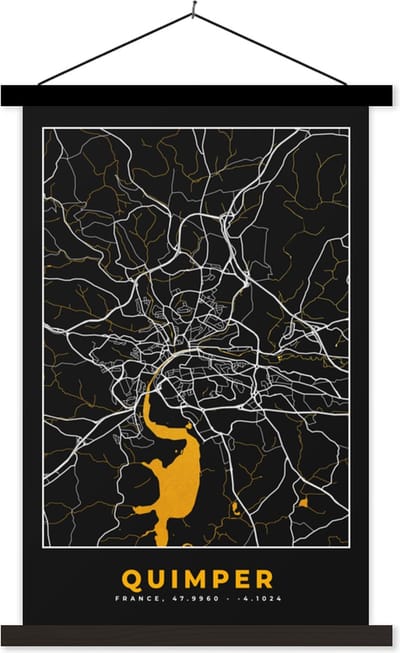 Posterhanger incl. Poster 40x60 cm - Schoolplaat - Stadskaart – Plattegrond – Quimper - Kaart – Frankrijk - Textielposter - Zwarte latten - Stadskaart