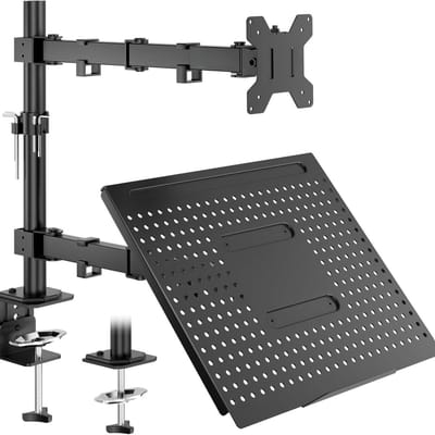 Famanu – Monitor- en laptoparm voor 13–32 inch schermen, met laptoplade en verstelbare bureausteun, modern ontwerp