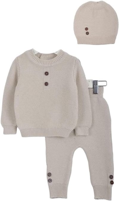 Set van 3 Gebreide Babykleding: Broek, Trui en Muts, Beige