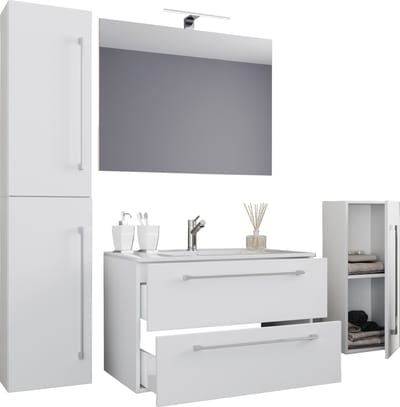 VCM 5-tlg. Set | 1 Waschtisch mit zwei Schubladen, 1 Spiegel, 1 Waschbecken, 1 Midischrank, 1 Hochschrank | Keramik Waschbecken | hängend Unterschrank 80 cm | Badmöbel Set Waschplatz – Badinos