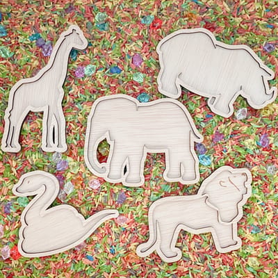 Villa Hip Jungle dieren vulvormen set - 5 Stuks - Hout - Sensorisch speelgoed l Open einde l Speeltray - Giraf, olifant, leeuw, neushoorn, slang