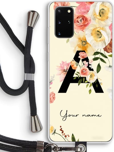 Gepersonaliseerd - Case Company® - Hoesje met koord geschikt voor Samsung Galaxy S20 Plus hoesje met Koord - Flirty Flowers Monogram - Telefoonhoesje met Zwart Koord - Bescherming aan alle Kanten en Over de Schermrand