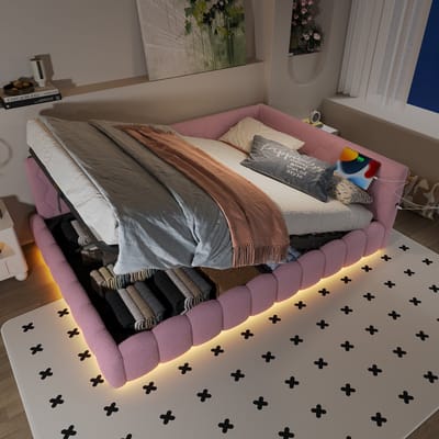 Ligbed - 140x200cm - slaapbank - zonder matras - LED-verlichting - USB-poort - Type-C - imitatiefleece - roze