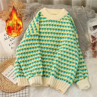 Geruit Dikke Wollen Trui Dames Herfst en Winter Losse Bovenkleding Casual Dagelijks Pullover Breigoed Verdikte Tops XXXL groen