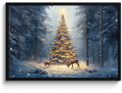 Poster in lijst - Fotolijst 90x60 cm - Posters - Kerstlicht - Woud - Hert - Donker - Posterlijst zwart - Decoratie - Wanddecoratie woonkamer - Muurdecoratie slaapkamer - Kerstversiering - Kerstdecoratie voor binnen - Kerstmis