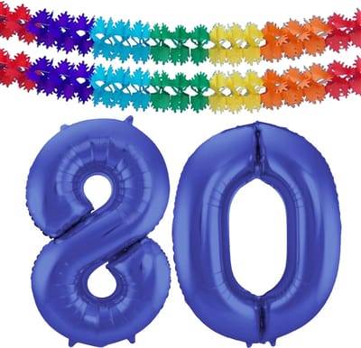 Folat Verjaardag Leeftijd folieballon - 80 jaar - blauw - 86 cm - cijferballon groot - incl 2x feestslingers