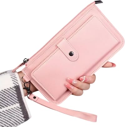 Mode Dames Portemonnee met Eenvoudige Rits – Roze – Lange Clutch Portemonnee van Zacht Kunstleer – Stijlvolle Geldtas met Kaarthouder voor Pasjes, Contant Geld en Telefoon