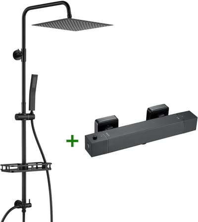 Auralum Max Regendouche met Thermostaatkraan - Doucheset Zwart - Ø 30 cm XL Douchekop - Met Plankje - Regendoucheset - Verstelbare Hoogte 72-110 cm - Waterbesparend - Zwart