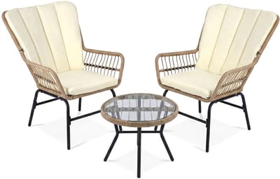 Balkonset 2 personen - Tuinset - Bistroset - Beige + Bruin - Weerbestendig - 3 delig - Tuintafel en 2 stoelen - 2 personen - Gecoat staal - Onderhoudsvrij staal