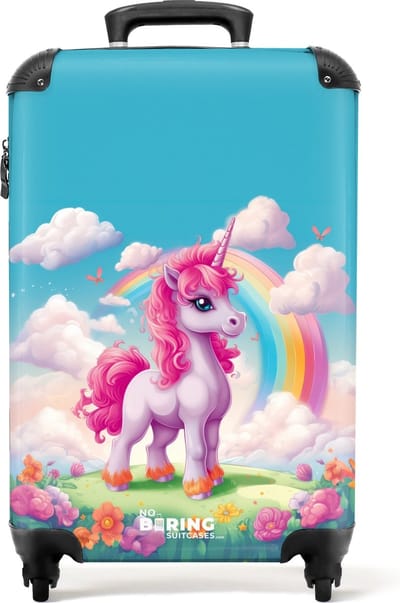 NoBoringSuitcases.com® - Kinderkoffer meisje - Roze eenhoorn met regenboog - Kindertrolley meisjes - Handbagage koffer lichtgewicht - Reiskoffer trolley kind - Kinder rolkoffer met wieltjes - Past binnen 55x40x20 en 55x35x25