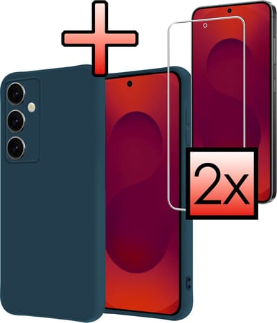 Hoesje - Met 2x Screenprotector - Geschikt voor Samsung Galaxy S25 FE - Sterk & Shockproof - Back Cover - Siliconen Case - Telefoon Hoes - Donkerblauw