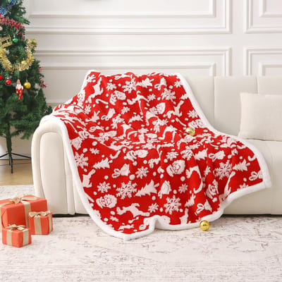 Luxe Sherpa Fleece Deken - Super Zacht en Warm Plaid voor Bank en Bed - Kerstthema Rood 130x150 cm