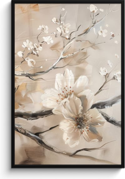 Poster in lijst - Fotolijst 80x120 cm - Posters - Bloemen - Natuur - Wit - Bloesem - Abstract - Posterlijst zwart - Decoratie - Wanddecoratie woonkamer - Muurdecoratie slaapkamer