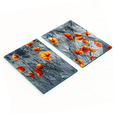 Twee decoratieve snijplanken van gehard glas met klaprozenmotief, 2x40x52 cm