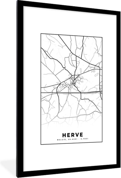 Fotolijst incl. Poster Zwart Wit- Zwart Wit – België – Plattegrond – Stadskaart – Kaart – Herve - 80x120 cm - Posterlijst