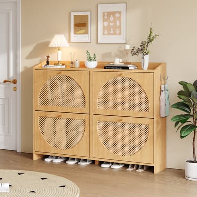 Clruro Schoenenkast - 120 × 24 × 90 cm - Klepdeuren met Opbergvakken - MDF - Naturel Houtkleur