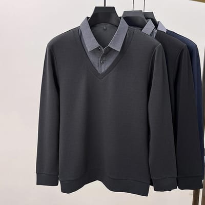 Lente Heren Fake Tweedelig Trui met Revers, Losse Stijl, Jeugdige Europese en Amerikaanse Eenvoud 4XL
