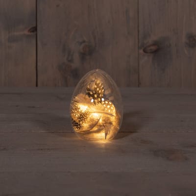 Glazen Paasei met Veren - Transparante Lente Decoratie (D 7 cm, H 10 cm)