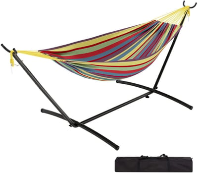 Novendo Goods - Hangmat met standaard 2 persoons - Draagbare hangmat met stalen frame tot 227 kg - Buiten hangmat met opbergtas voor tuin en camping