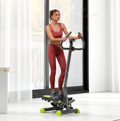 MEUNIQ stepper hometrainer met handgrepen en LCD-display, compacte fitness swing stepper 55 x 44 x 108 cm, antislip pedalen 32 x 11 cm, max. 100 kg, grijs en groen