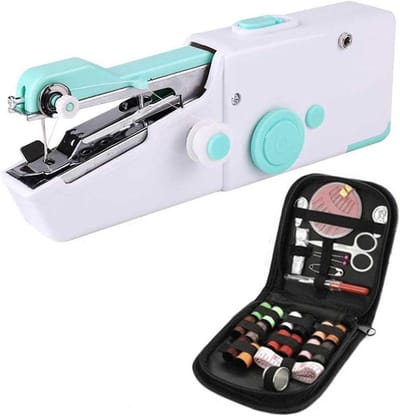 Handnaaimachine - Mini Naaimachine - Snelle Reparaties - Batterij of Adapter - 20.5 cm Lengte - Witblauw