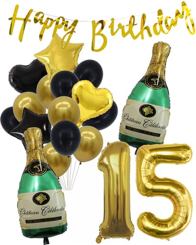15 Jaar Verjaardag Cijferballon 15 - Feestpakket Snoes Ballonnen Pop The Bottles - Zwart Goud Groen Versiering
