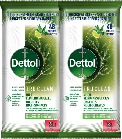Dettol Lingettes Biodégradable Tru Clean Eucalyptus & Lime - 48 - 2 Stuks - Voordeelverpakking